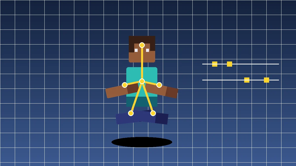 Voxel player model shown with animation rig joints and keyframe controls
