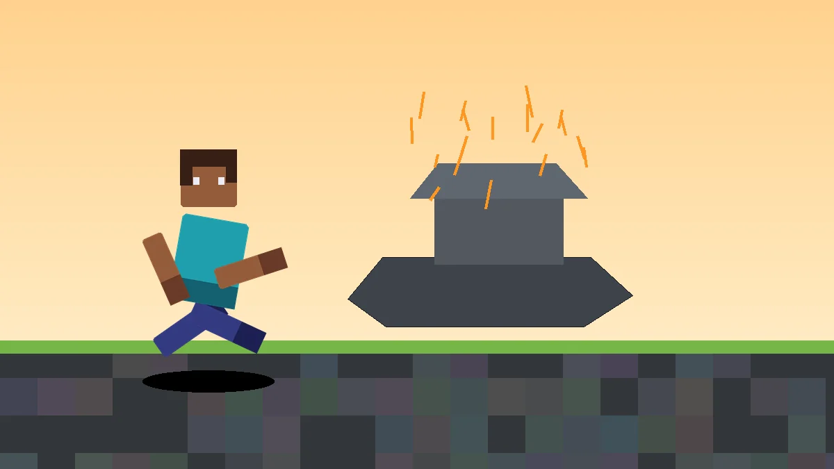 Minecraft-style Forge setup scene with an anvil and animated player