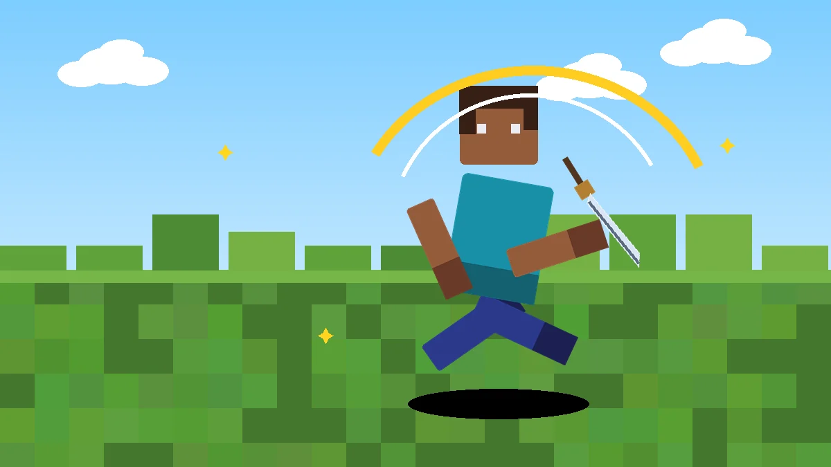 Voxel-style Minecraft player in a dynamic sword animation pose